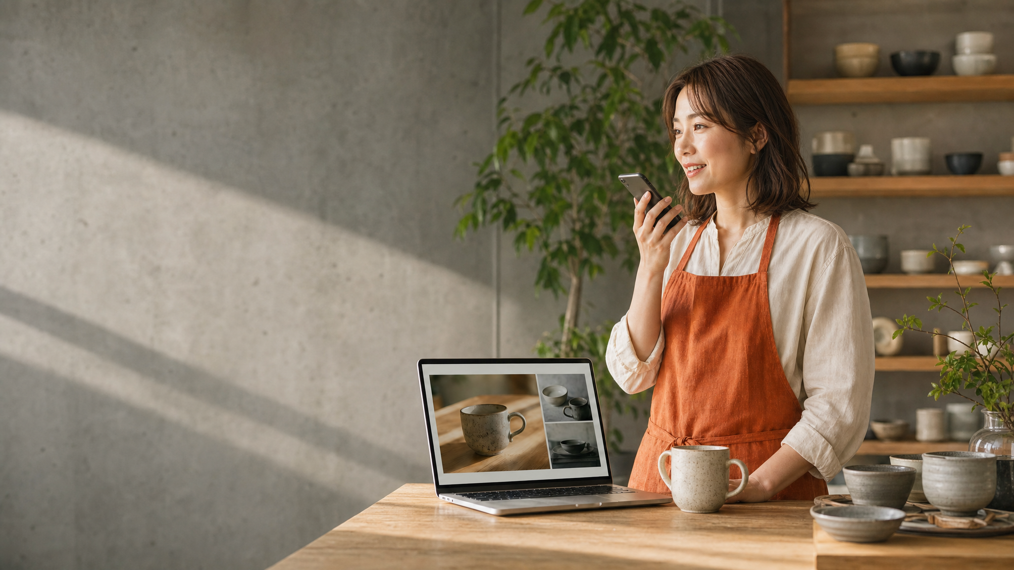 コンクリートの壁と無垢材、グリーンに囲まれたショップで、茶髪の女性スタッフがスマホに話しかける。隣のパソコンには商品のページ。